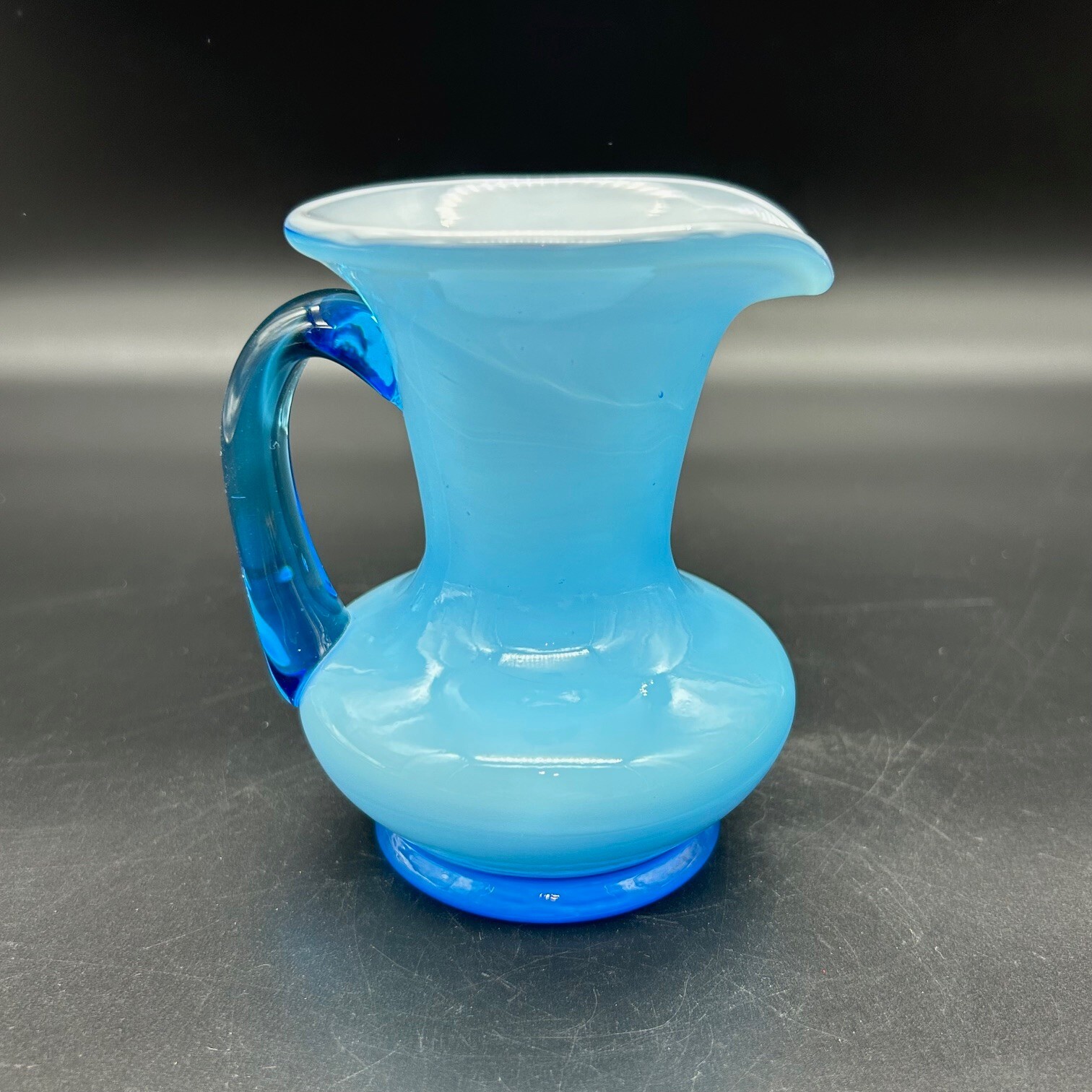 Kanawha Art Glass Mini Pitcher Peachblow Blue Sapphire Cased White 1960's