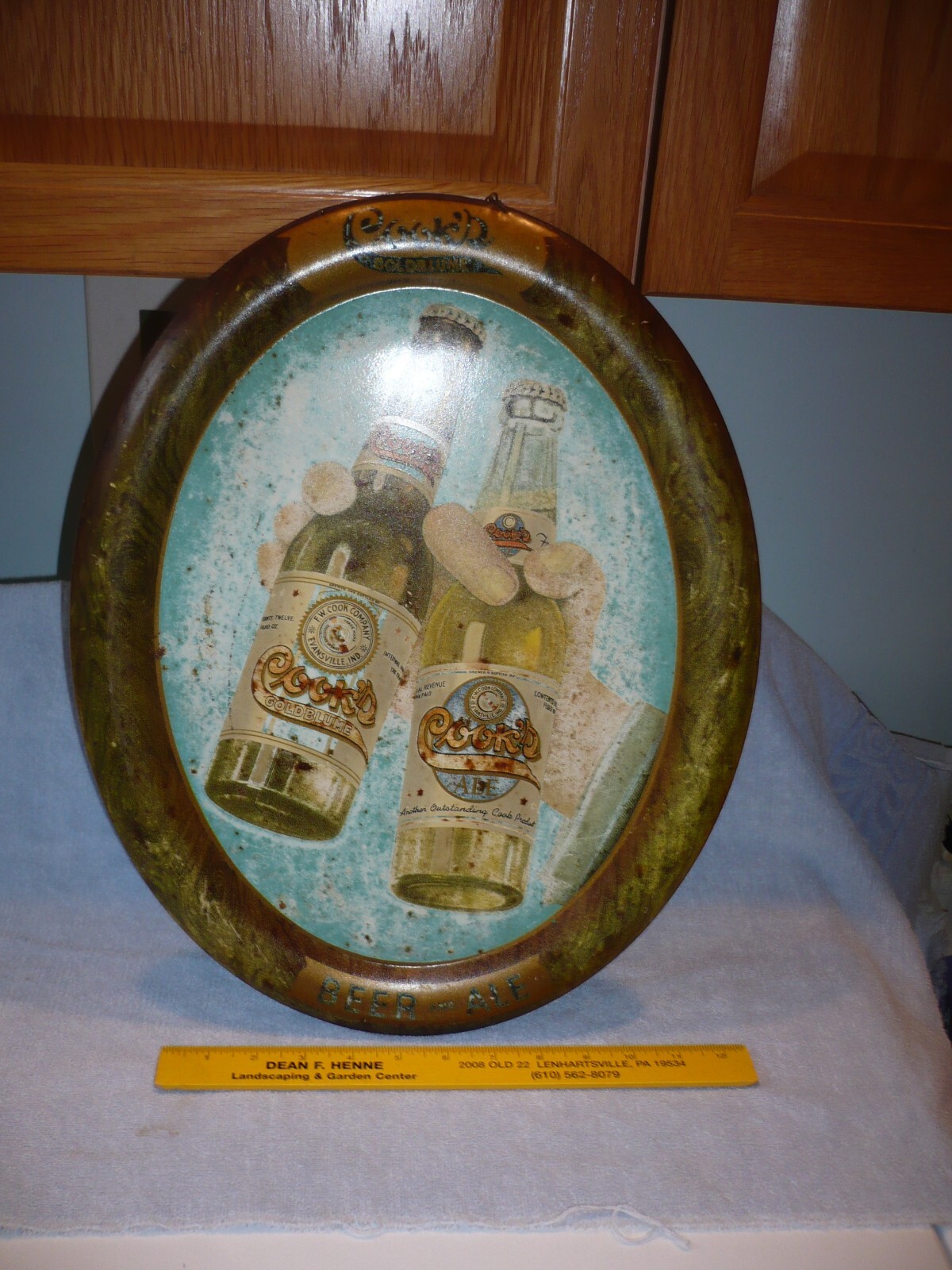COOK'S GOLDBLUME BEER & ALE SELF FRAMED METAL SIGN F W COOK EVANSVILLE IN