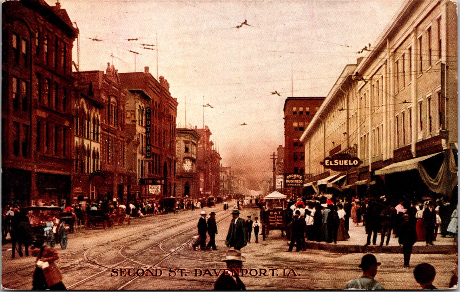 Antique Second Street Davenport Iowa Trolley Downtown Postcard 1909