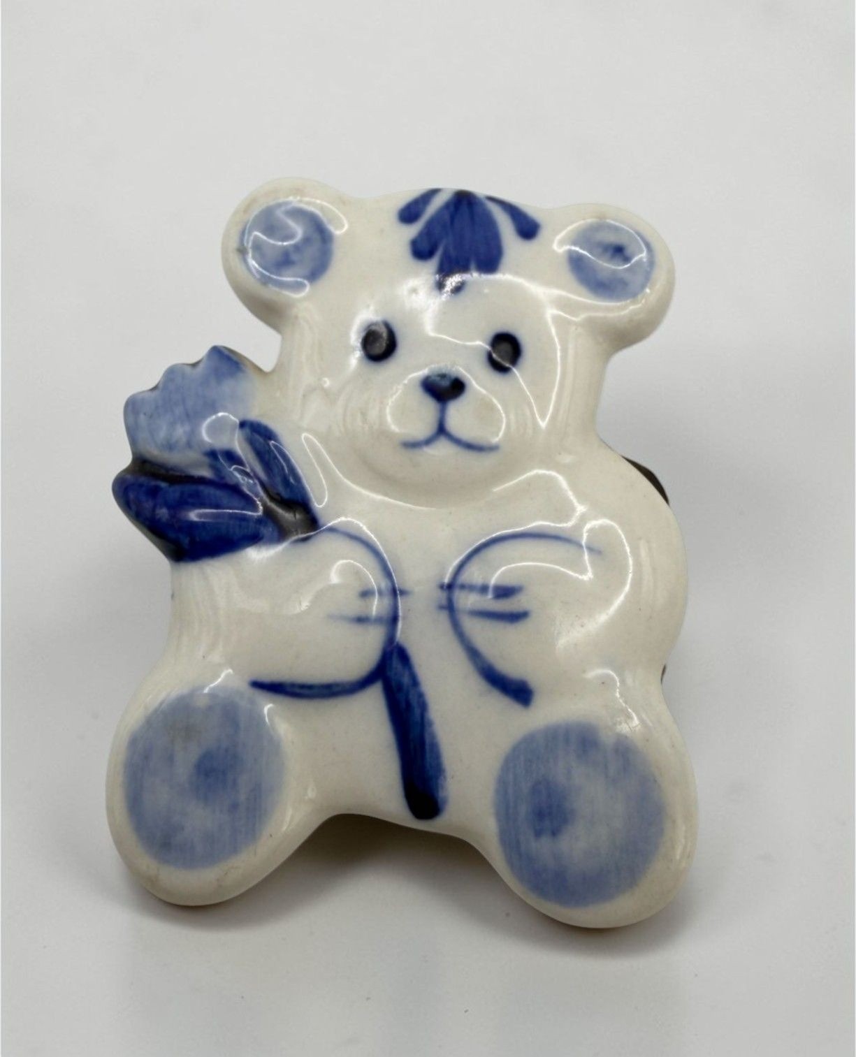 Vintage Teddy Bear Ceramic Fridge Magnet Romantic Holding Blue White Tulip