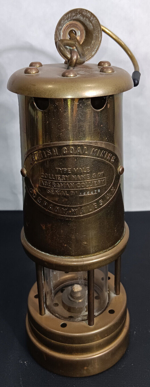 Vintage Brass British Coal Mining Miners Lamp Aberaman Colliery Wales UK