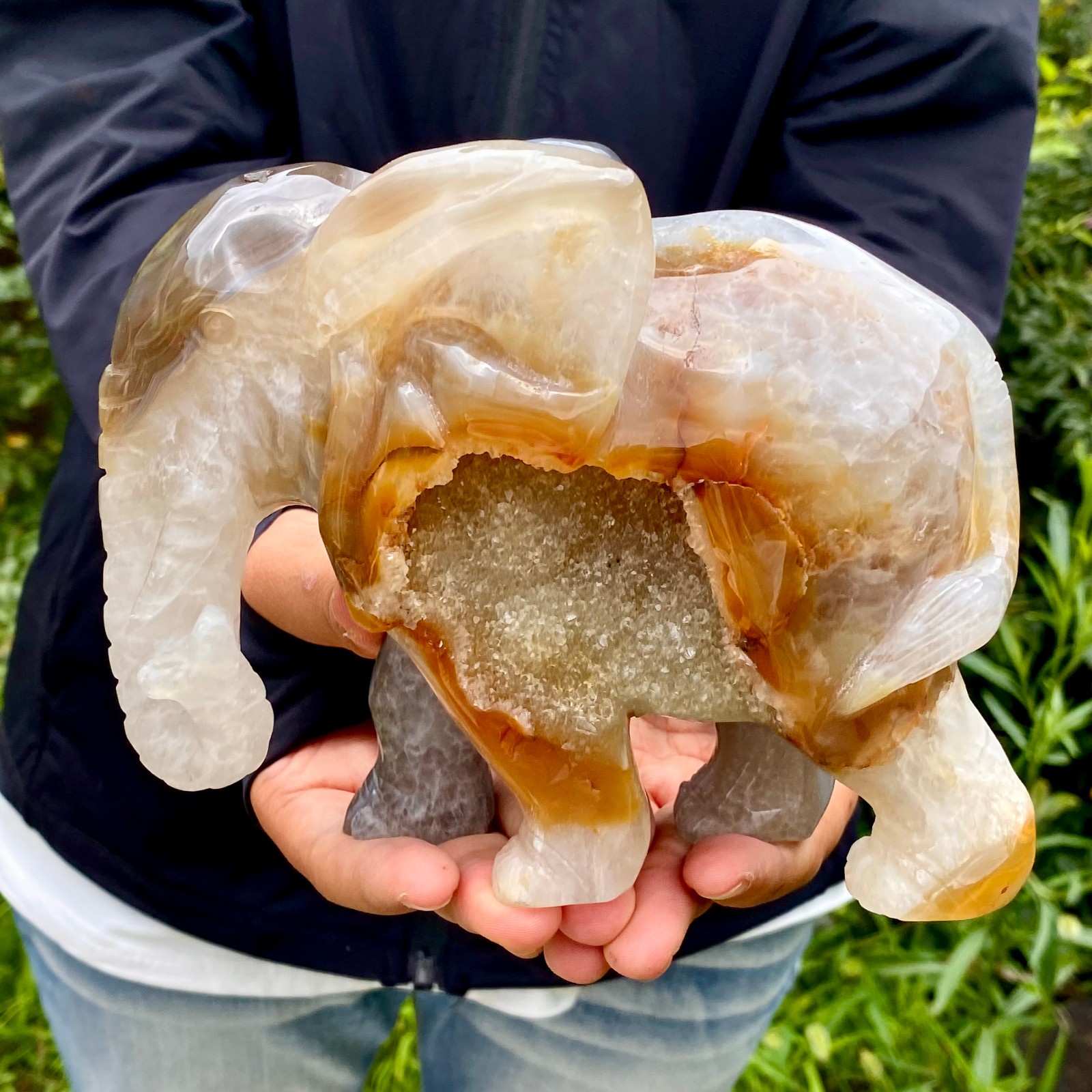 4LB   Natural Agate Geode Quartz Carved Crystal Elephant Reiki Decor