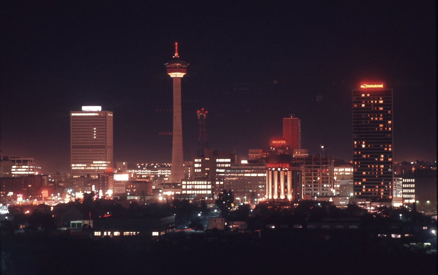 sl39 Slide 1970\'s Calgary Alberta Canada Cityscape Night Skyline 620a