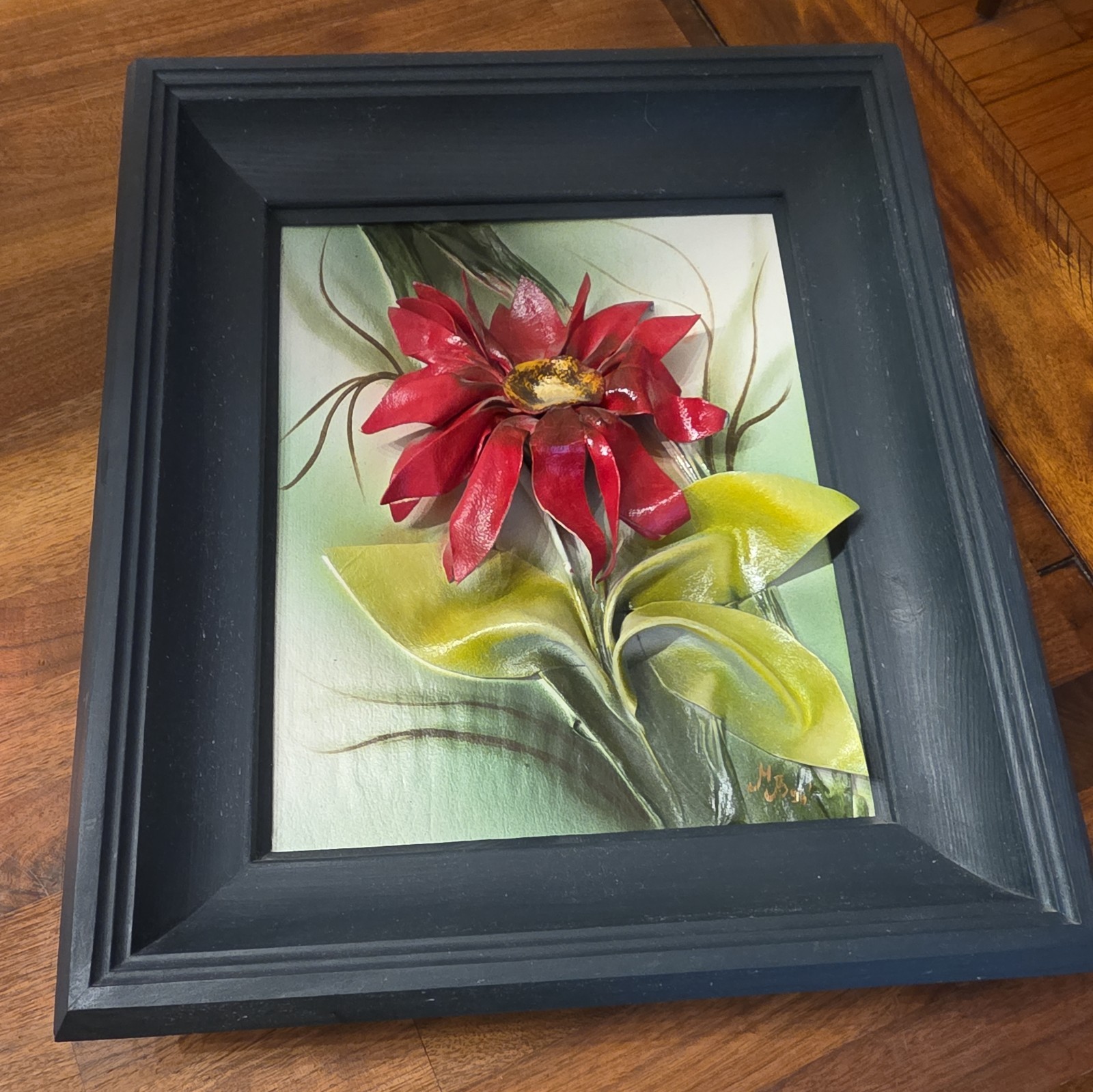 Vintage Artisan Signed Genuine Leather 3D Formed Floral Wall Art, Italy