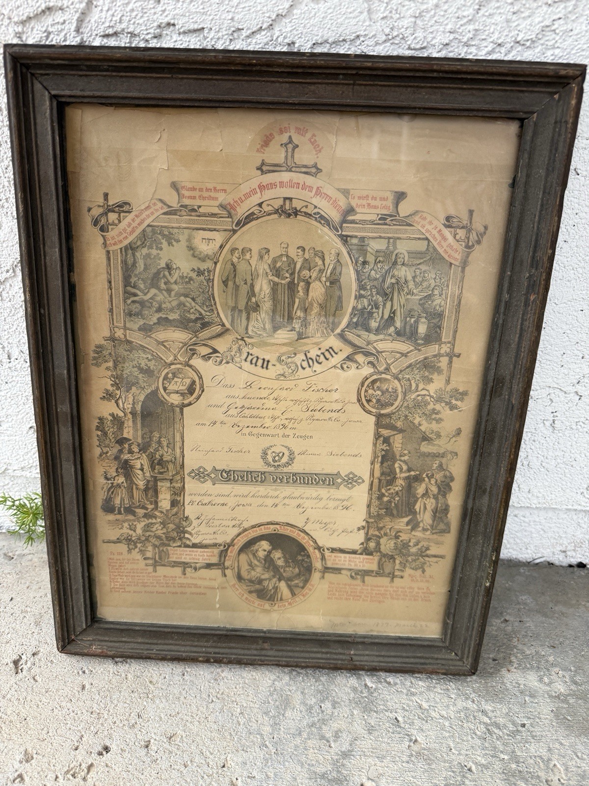 VINTAGE GERMAN RELIGIOUS CERTIFICATE PICTURE FRAMED 1896