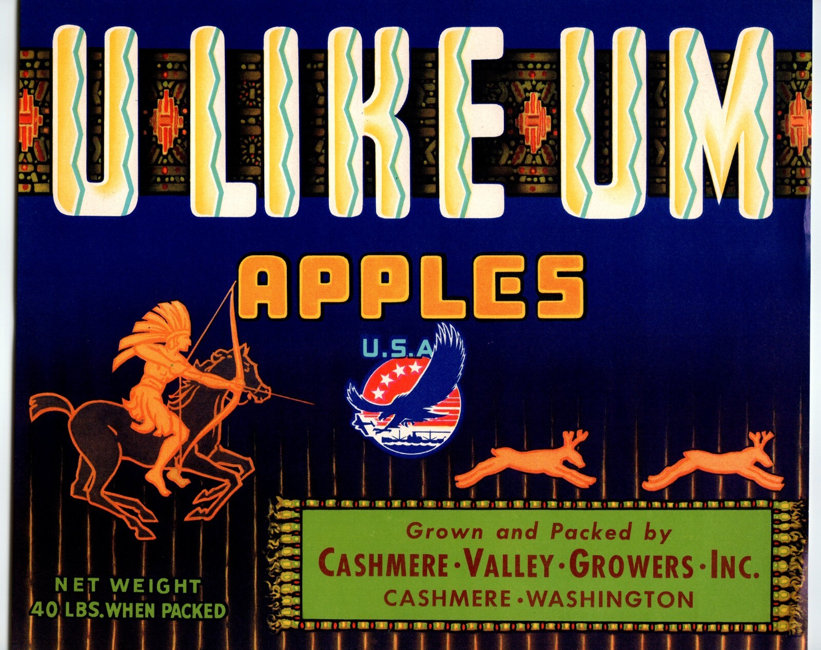 U Like Um Apple Crate Label Native American Horse Hunting 1940s Vintage Original U Like Um Apple Crate Label Native American Horse Hunting 1940s Vintage Original