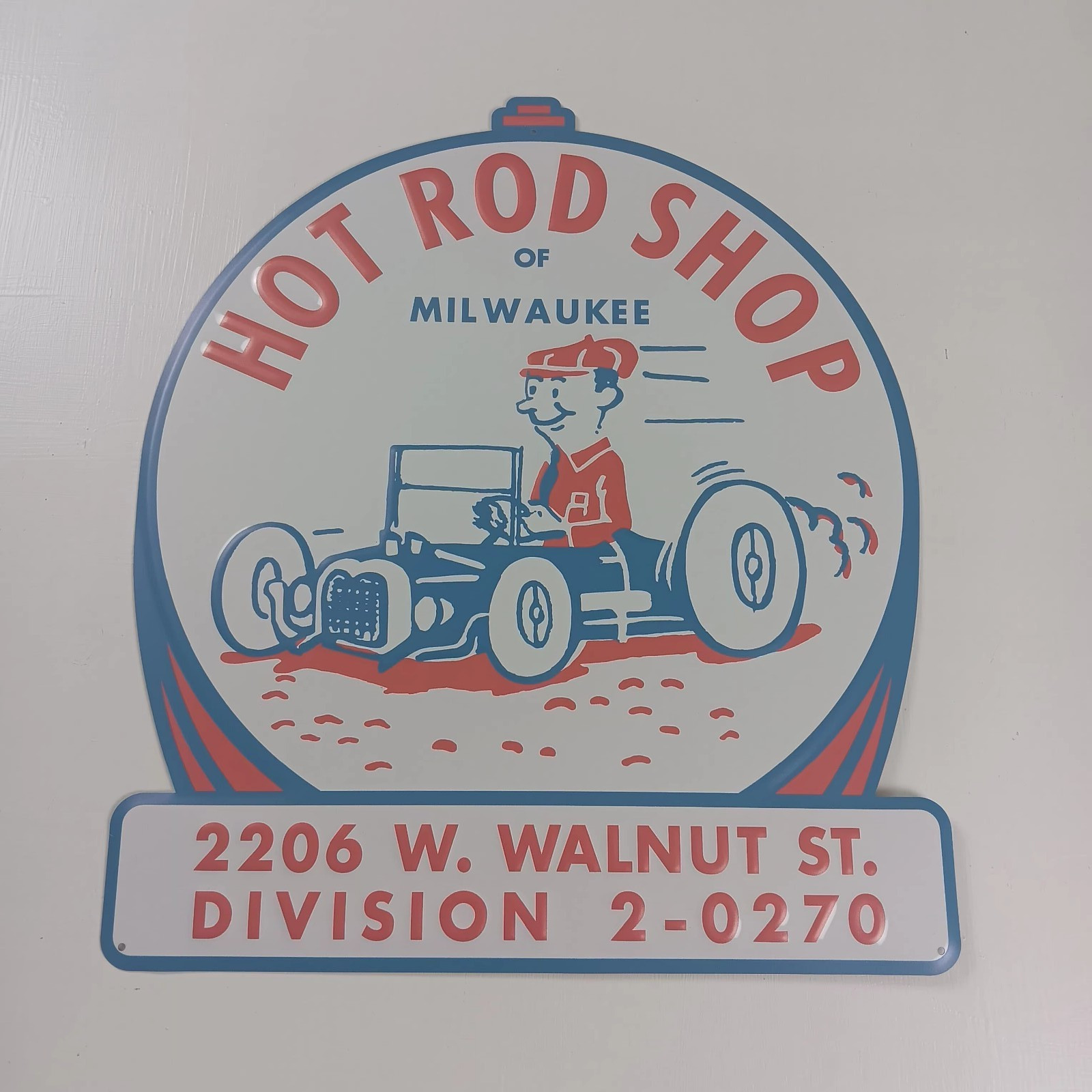 Vintage HOT ROD SHOP OF MILWAUKEE Embossed Metal Tin Sign Walnut Street RARE