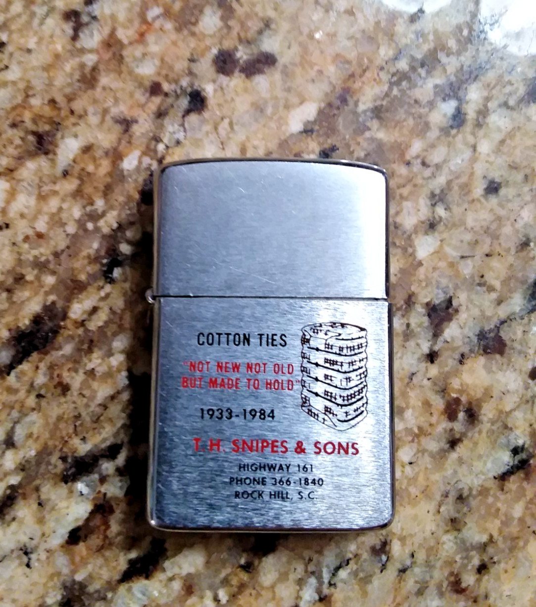 Vintage T. H. Snipes & Sons Cotton Ties Rock Hill S.C. Logo Advertising Zippo