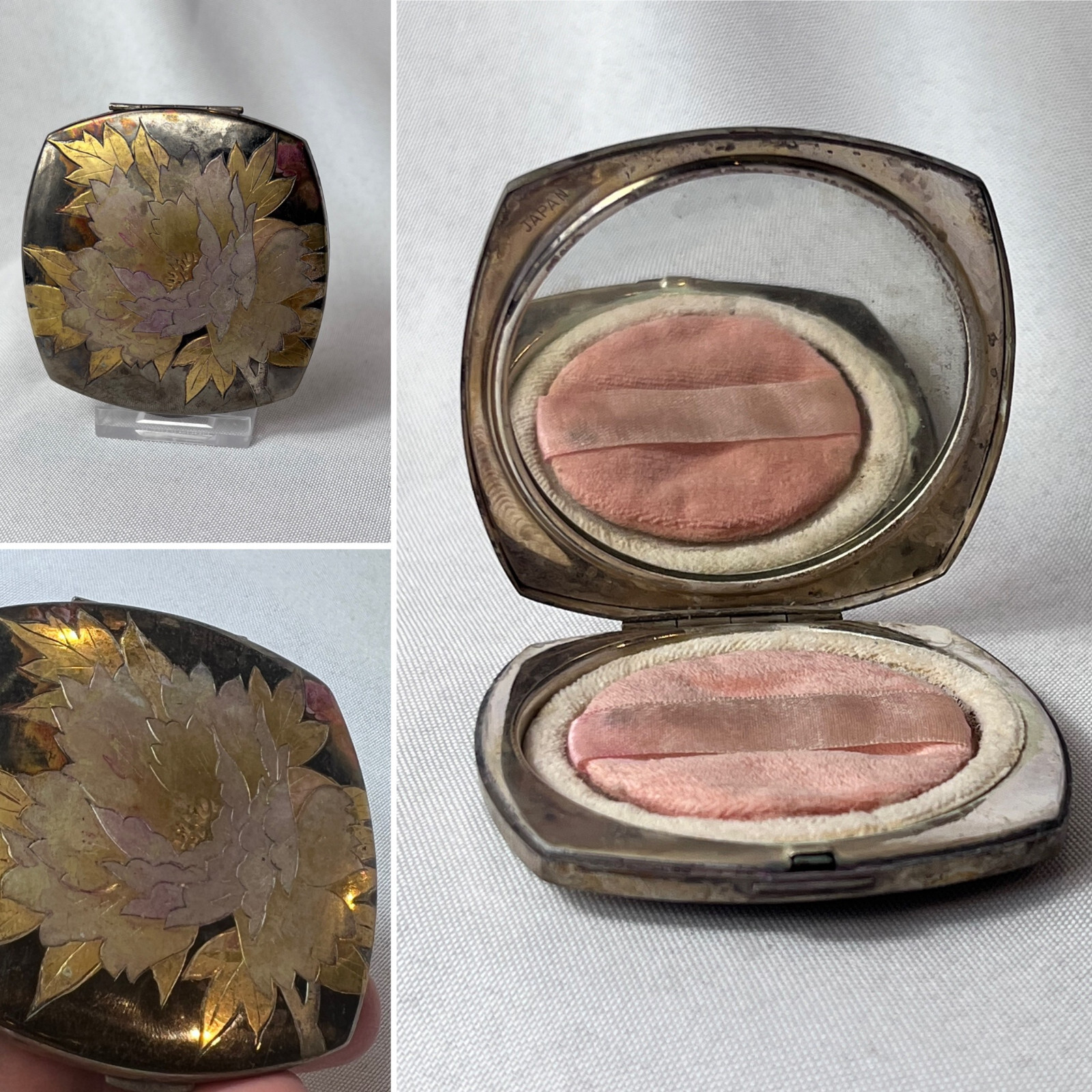 Vtg Etched Floral Goldtone Compact Mirrored Powder Box Japan W/ Screen & Puff Vtg Etched Floral Goldtone Compact Mirrored Powder Box Japan W/ Screen & Puff