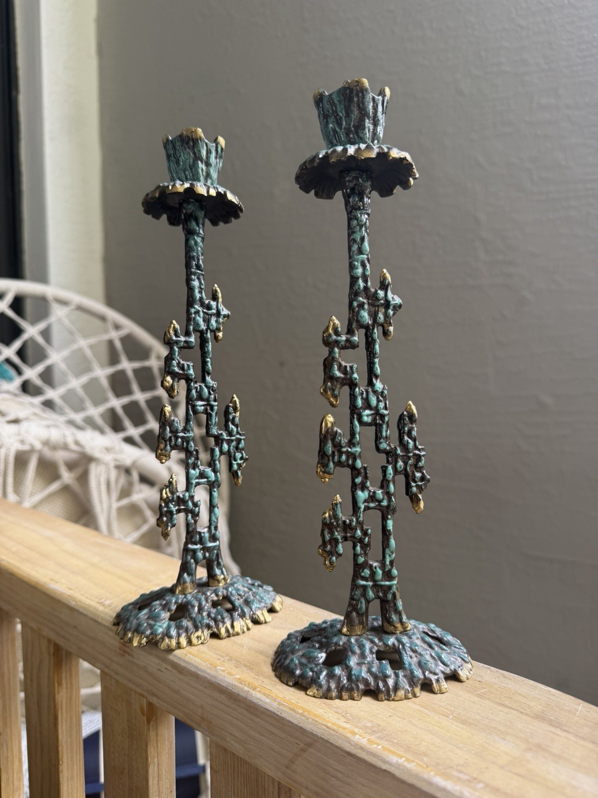 Vintage MCM Brass BRUTALIST CANDLE HOLDERS Verdigris ISRAEL  10”