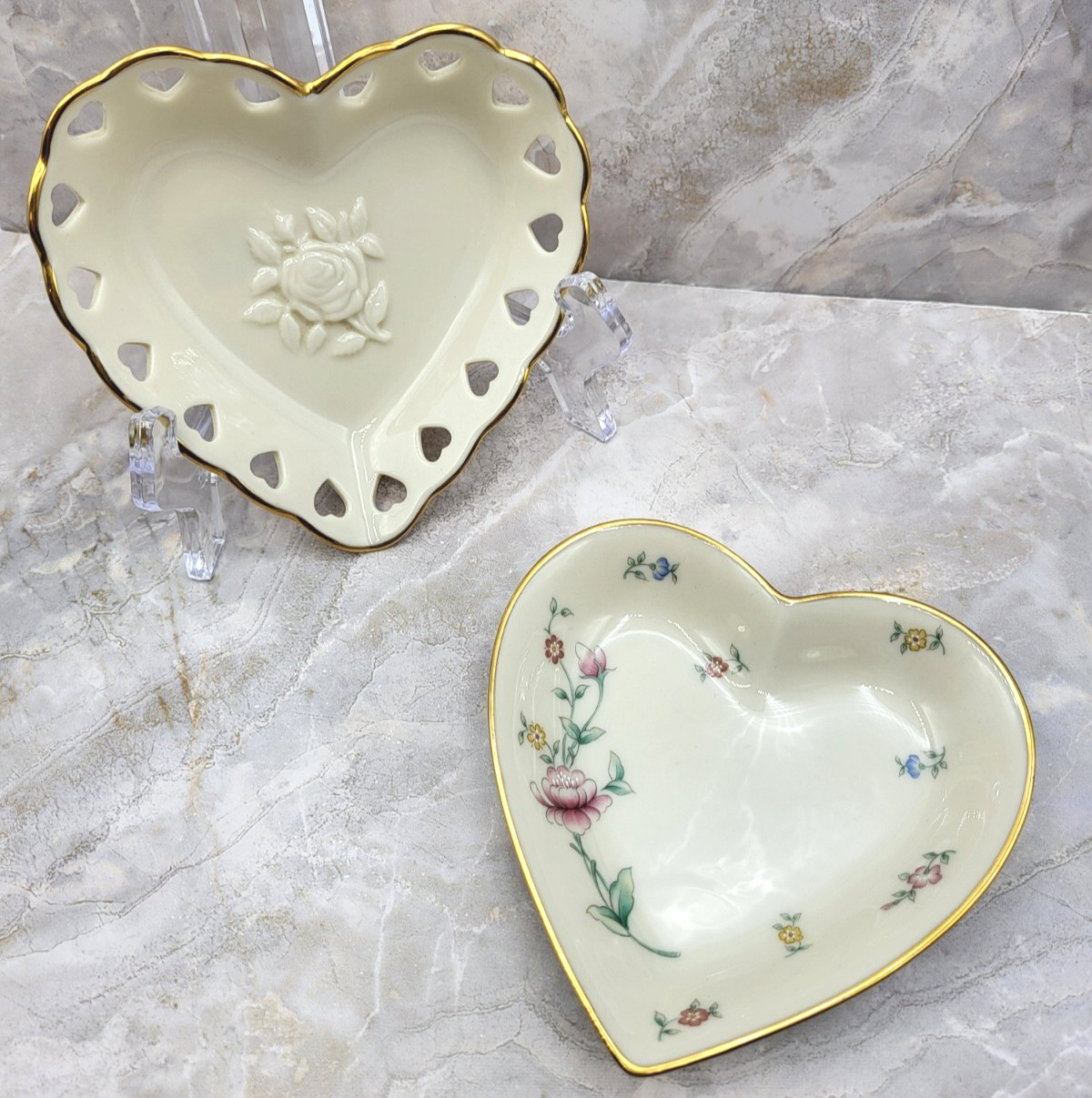VTG. 2pc Lot *Lenox USA* Heart Trinket Dishes Pierced Heart & Floral Garden