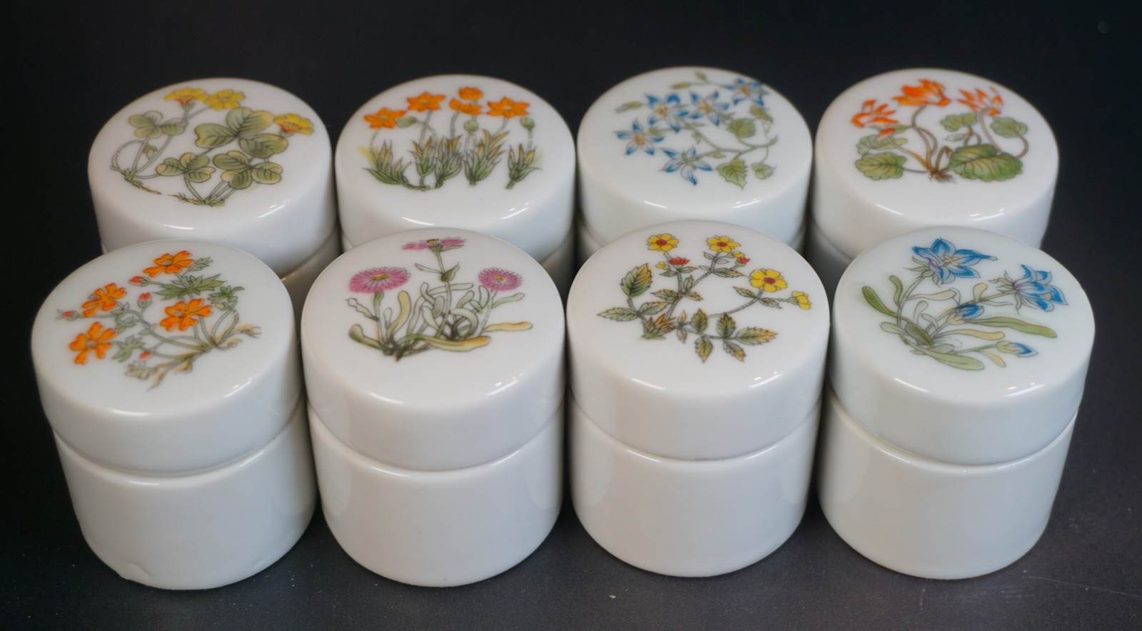 Vintage Takahashi San Francisco Porcelain Floral Trinket Jars  Complete Set of 8
