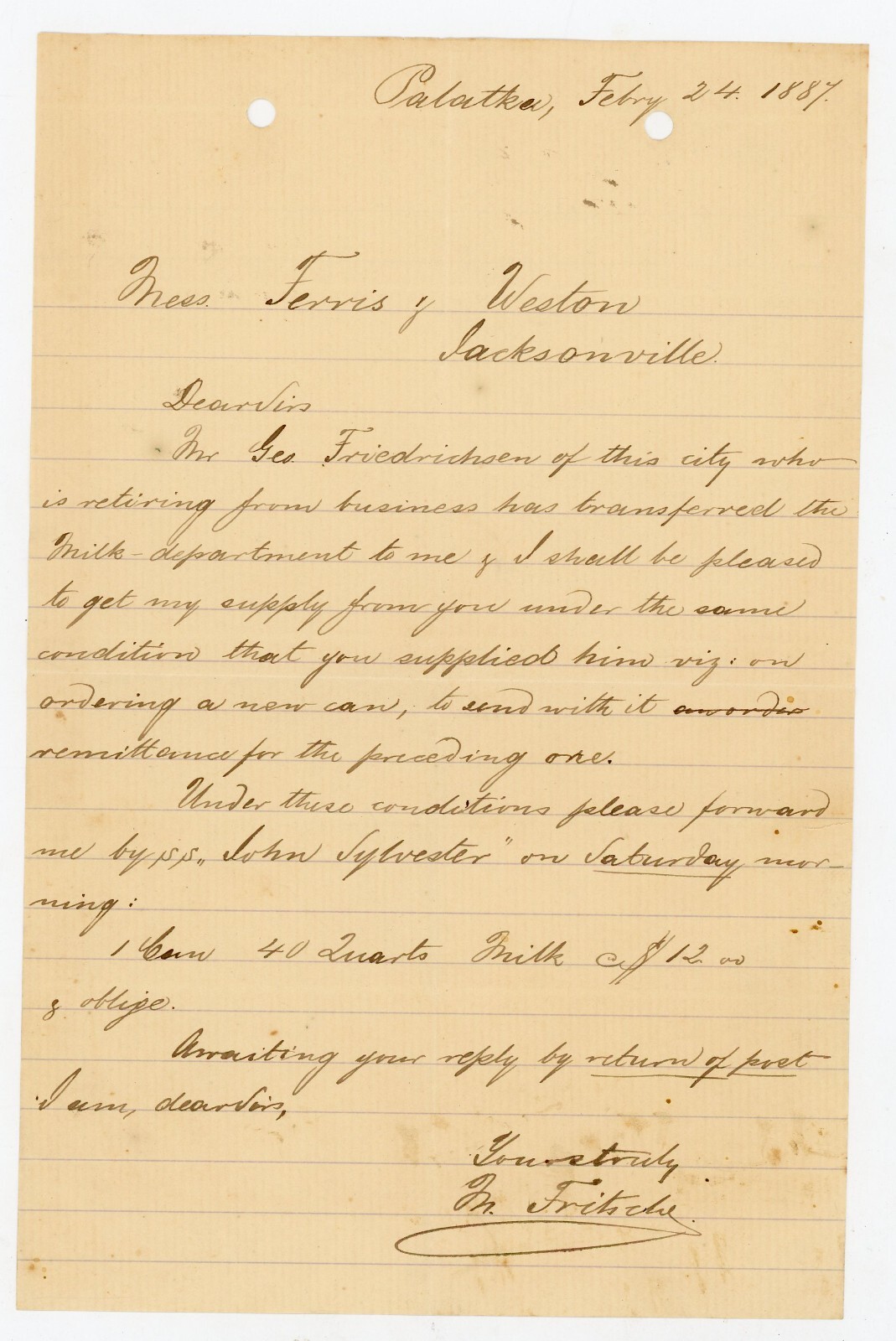 1889 Palatka FL Milk Supply Letter to Ferris & Weston Jacksonville Dairy History