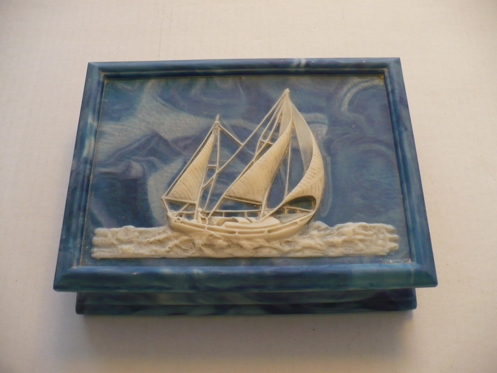 1980's Vintage Nautical Jewelry Box , Genuine Incolay Stone.