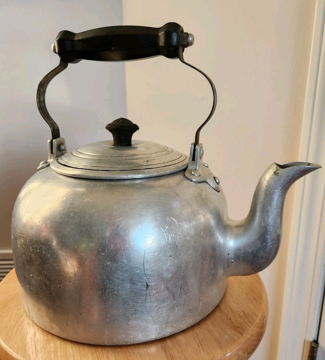Antique Large Aluminum Stovetop Tea Kettle Cottagecore Decor Mid Century