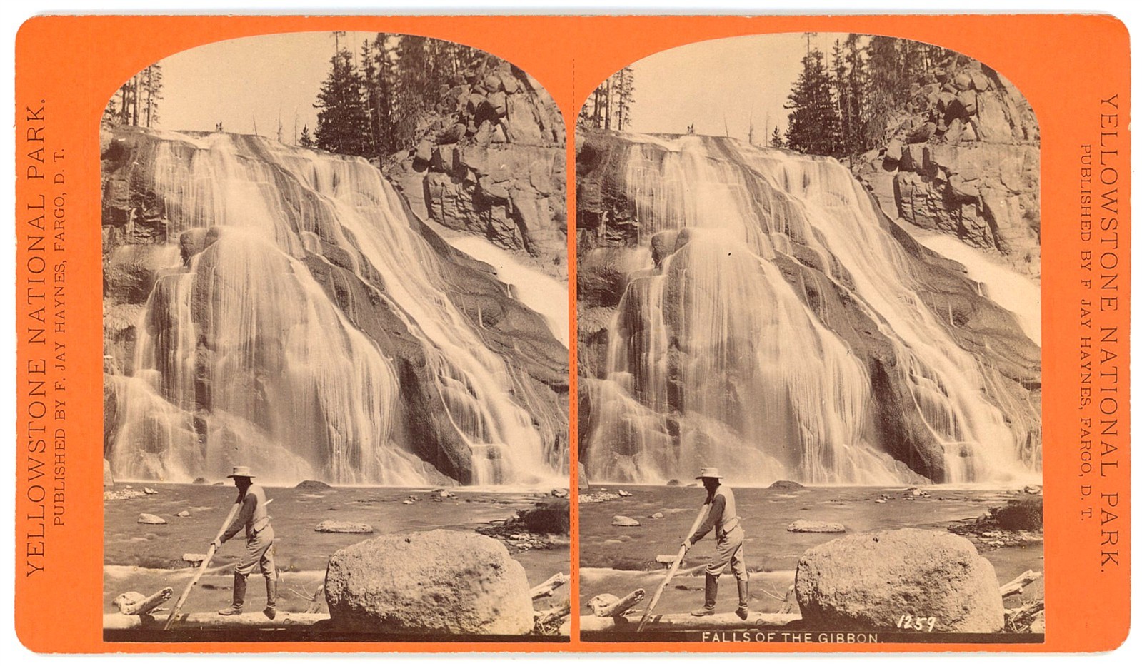 YELLOWSTONE STEREOVIEW - Gibbon Falls - FJ Haynes 1880s ORANGE MOUNT