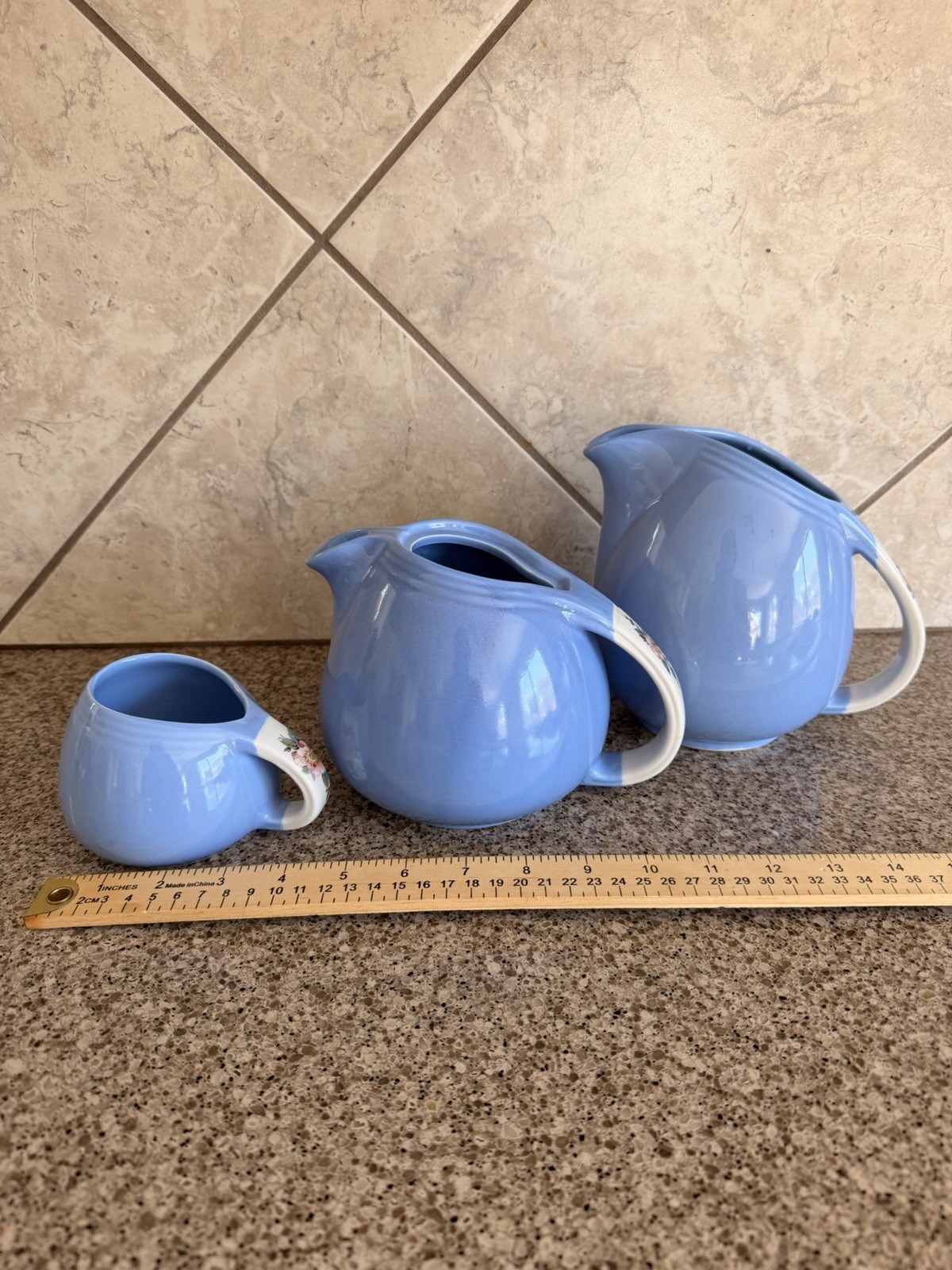 Vintage Hall Rose Parade Blue Teapot Sugar Bowl Pitcher Set 3 Pc USA Pottery