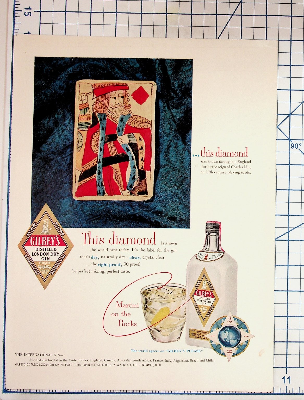 Vintage Gilbey's Gin Ad 1950s King of Diamonds Playing Card Martini Print