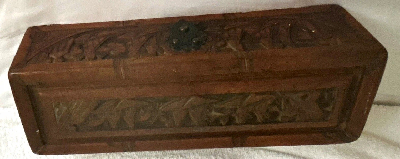 antique Camphor  oriental Carved Wooden box Brown Rectangular vessels  12X4x3 in
