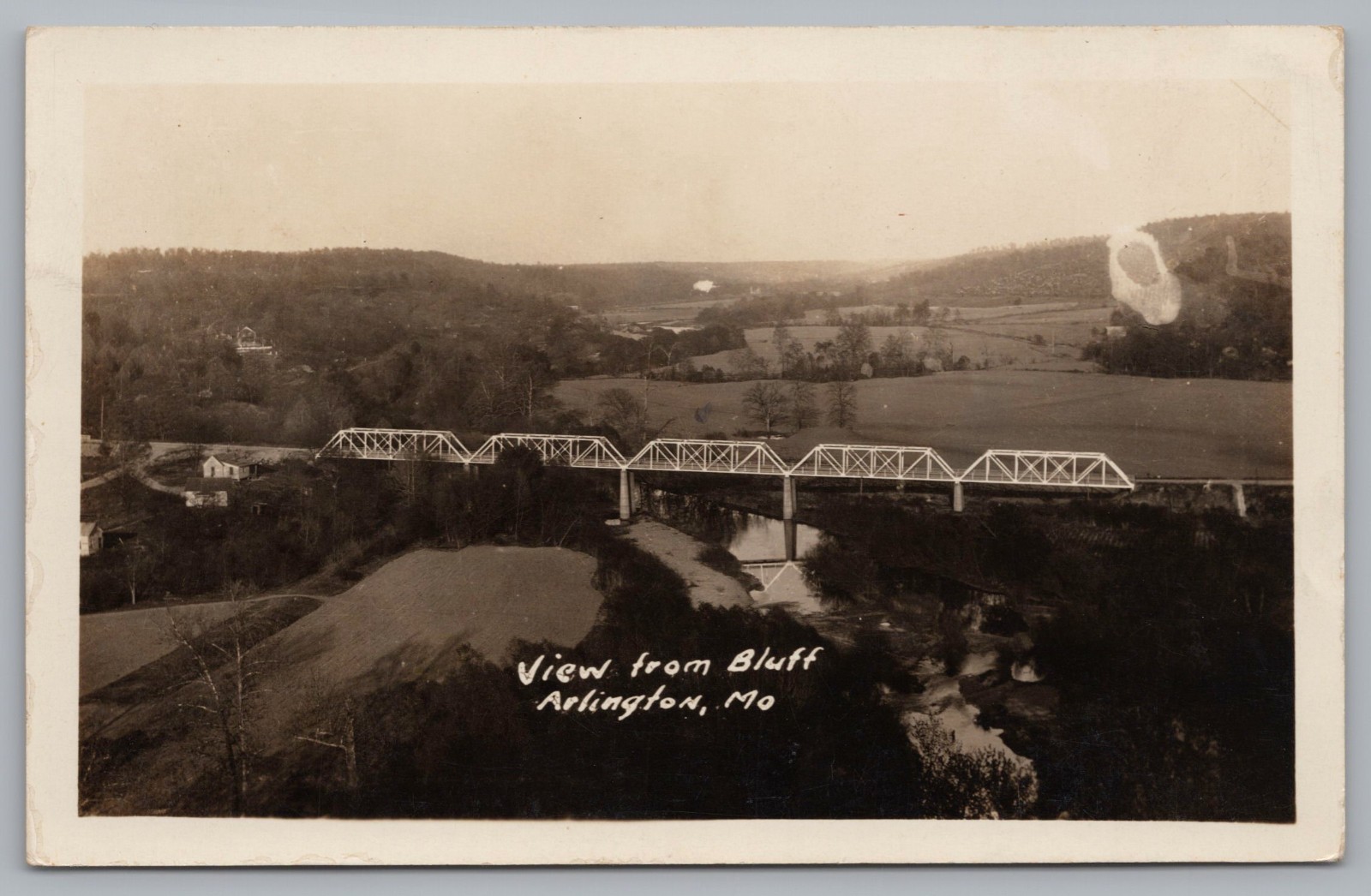 RPPC View from Bluff, Frisco Railroad Bridge, Arlington MO Missouri Postcard