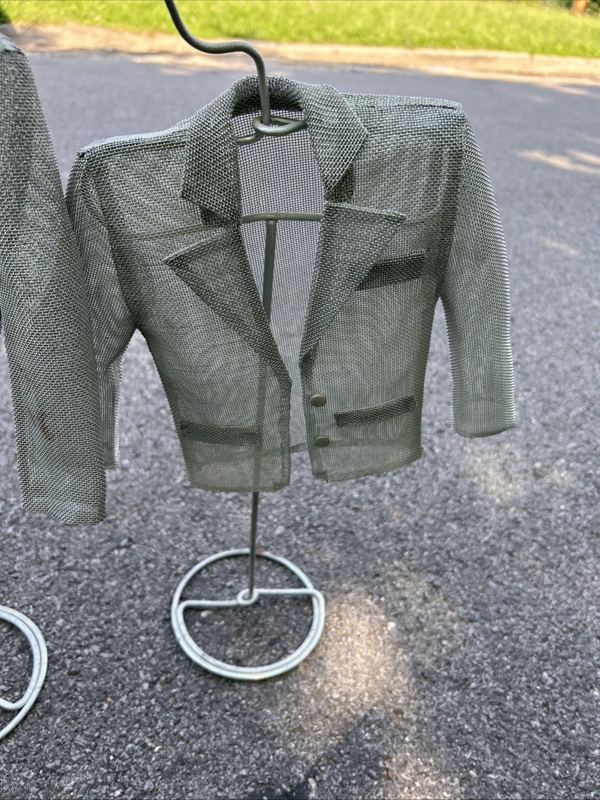 Antique vintage Metal Mesh Jacket Sculpture with 3D Effect on Stand. Home Decor.
