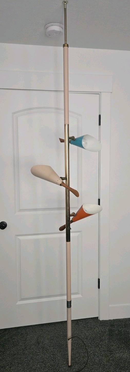 Vintage MID CENTURY MODERN Tension Pole Lamp ~ WOOD BRASS SHADES ~ ATOMIC MCM