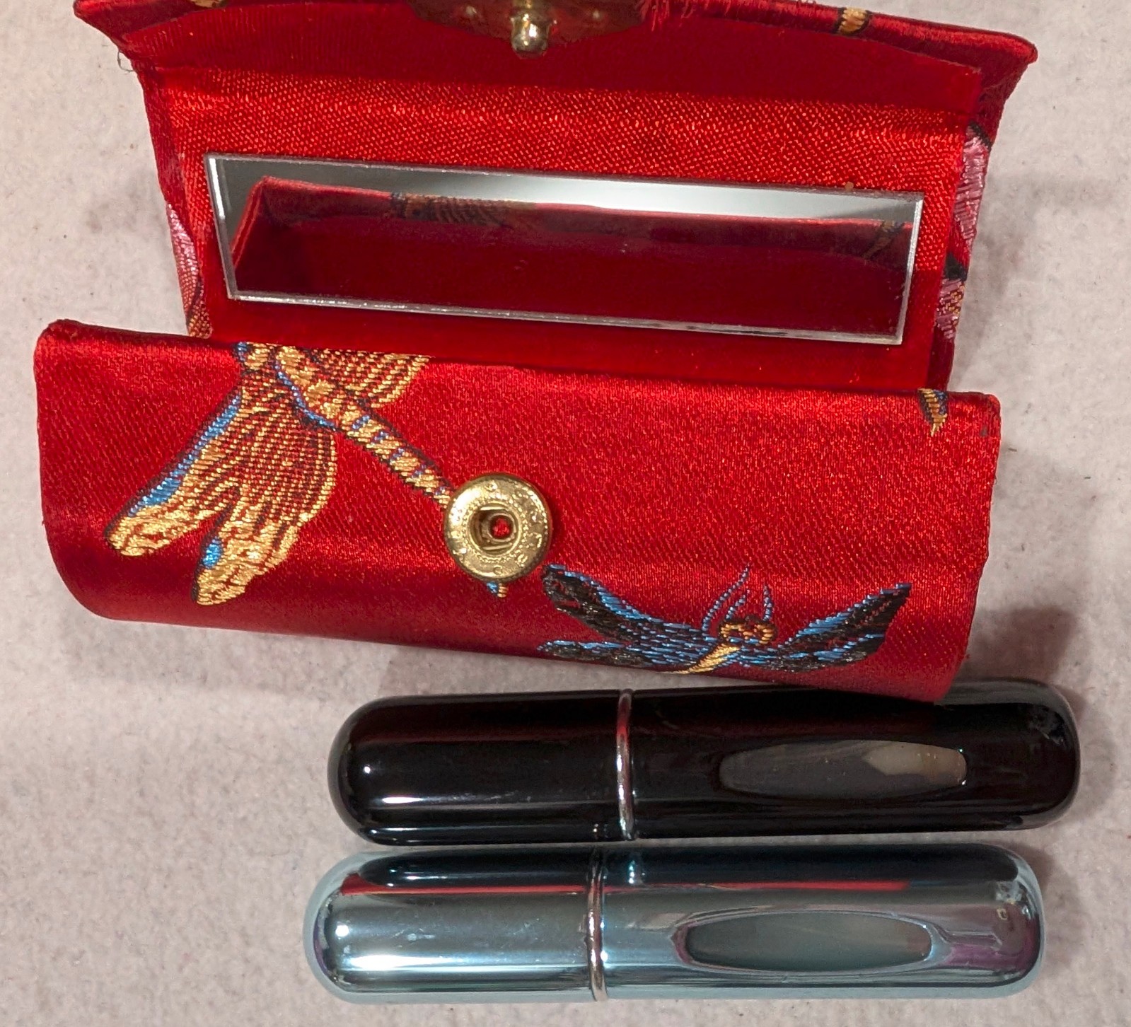 Brocade Lipstick Holder Mirror & 2 Travel Perfume Atomizer Cases Set EUC - 1154