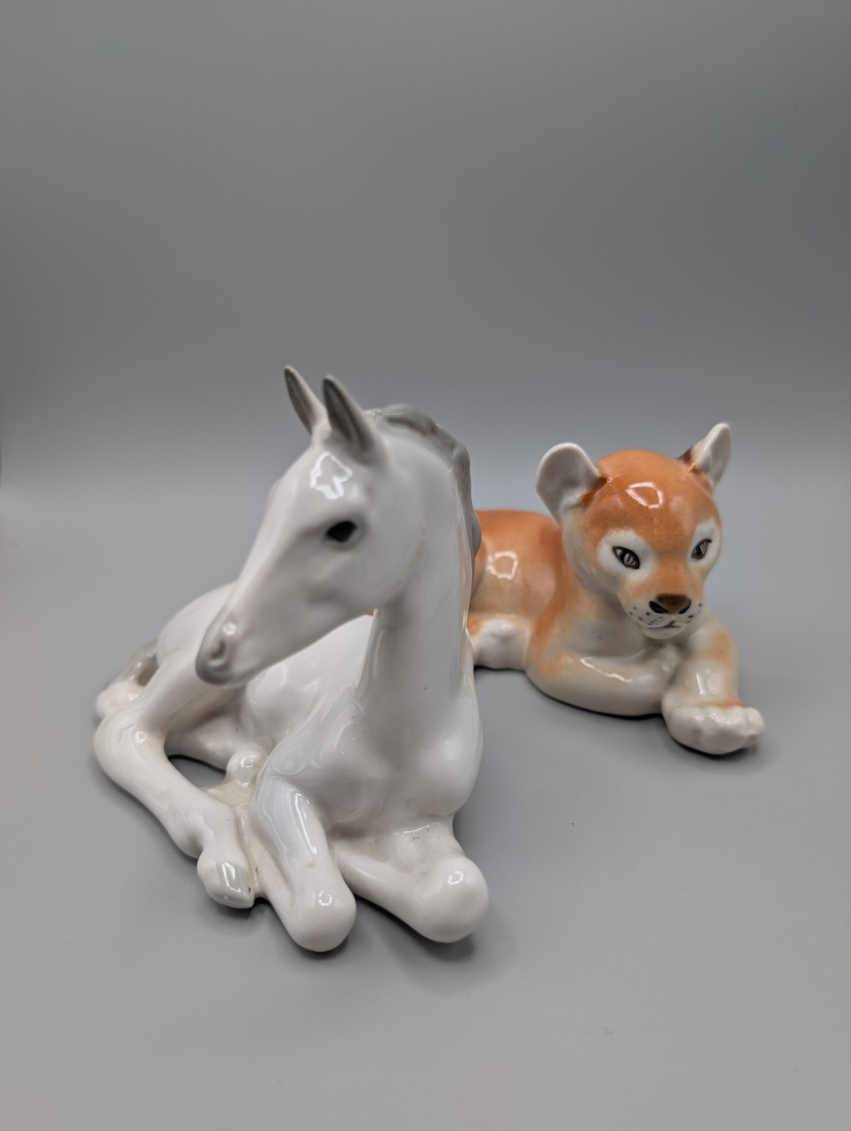 Vintage LFZ Lomonosov Soviet Porcelain Lying Horse & Lion Cub Figurines USSR
