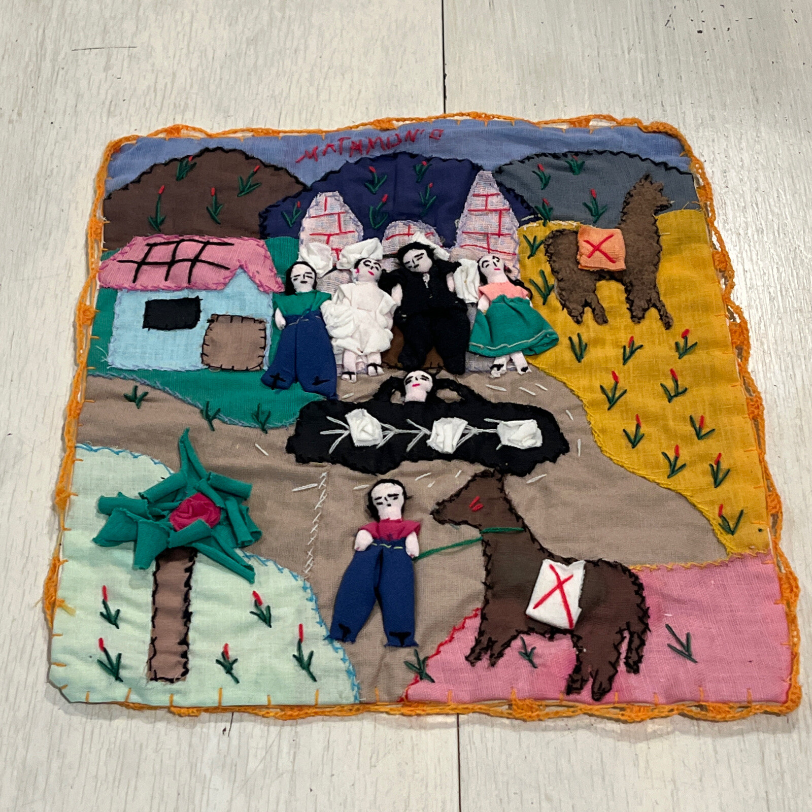 Peruvian Arpillera Textile Folk Art Embroidered 3D “Matrimonio” Wedding 12”