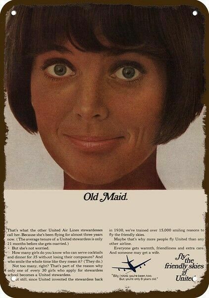 1967 UNITED AIRLINES Old Maid Stewardess Vntg-Look DECORATIVE REPLICA METAL SIGN 1967 UNITED AIRLINES Old Maid Stewardess Vntg-Look DECORATIVE REPLICA METAL SIGN