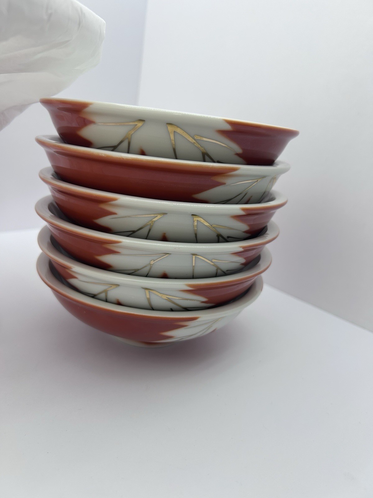 Vintage Japanese Arita Imari Porcelain Bowls Maple Leaf Momiji Red Gold Set of 6