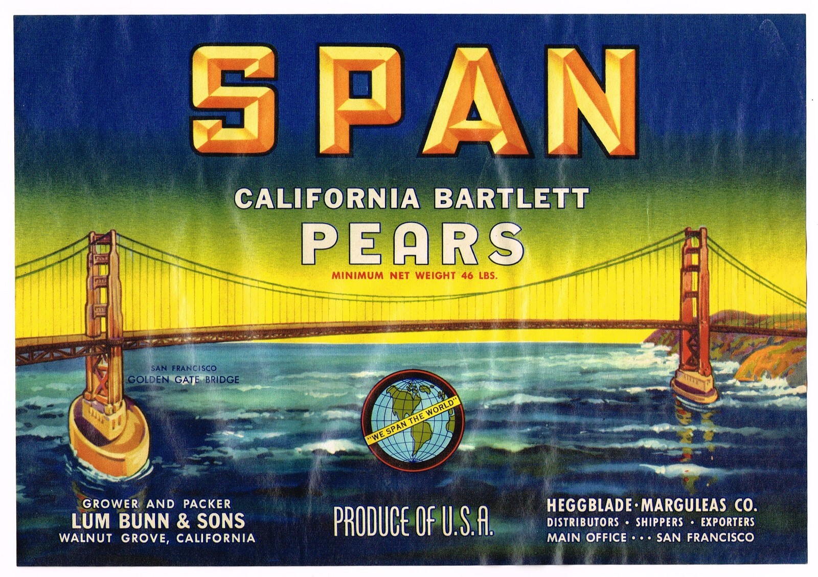 ORIGINAL 1940S PEAR CRATE LABEL SAN FRANCISCO GOLDEN GATE BRIDGE WALNUT GROVE