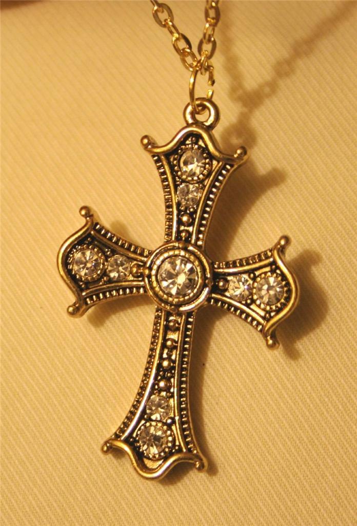 Lovely Deep Set Metal Beaded Rhinestone Cross Pendant Antiqued Goldtone Necklace