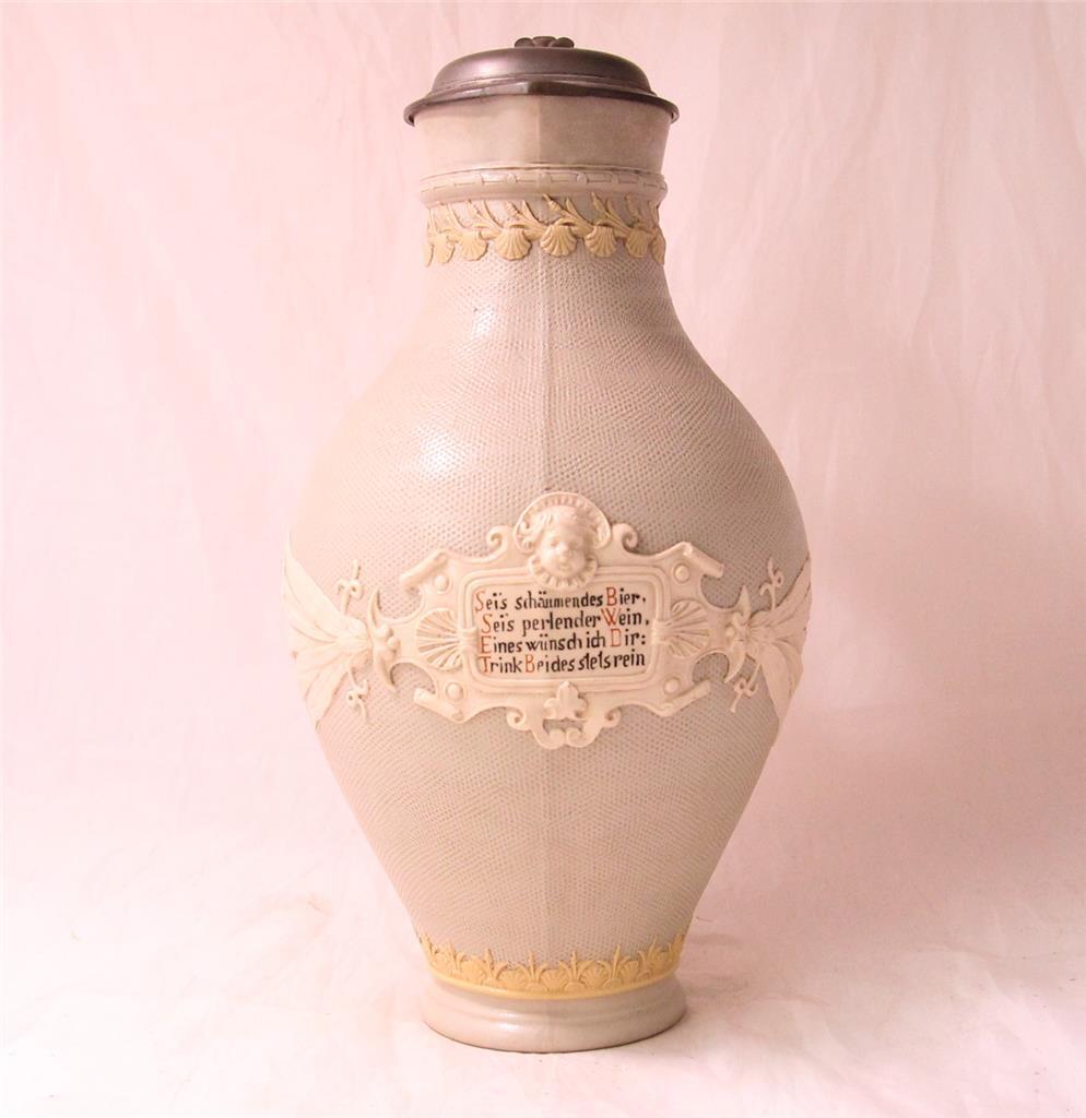 Antique Large Mettlach V&B Beer Stein/Pitcher Relief Reeds Design #1927 c.1889
