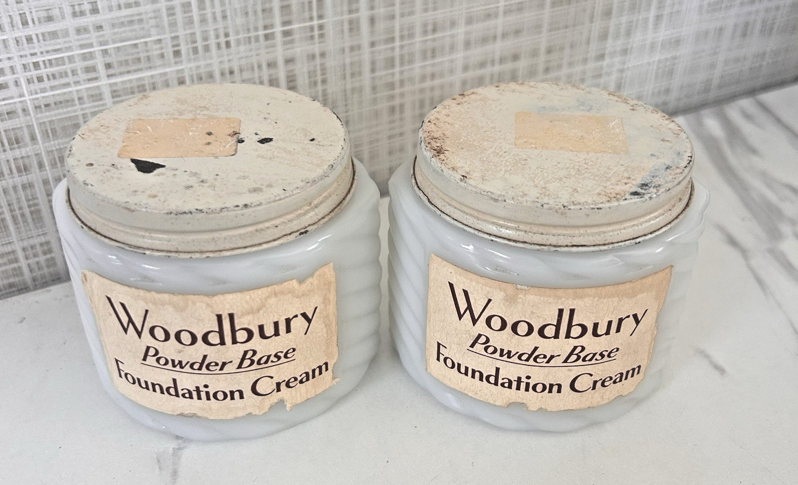 Vintage Woodbury Powder Base Foundation Cream Jar Milk Glass Art Deco Lot of 2