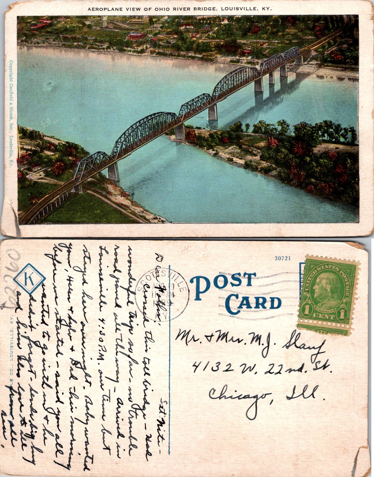 Louisville KY Aerial view Of Ohio River Bridge Postcard 62260