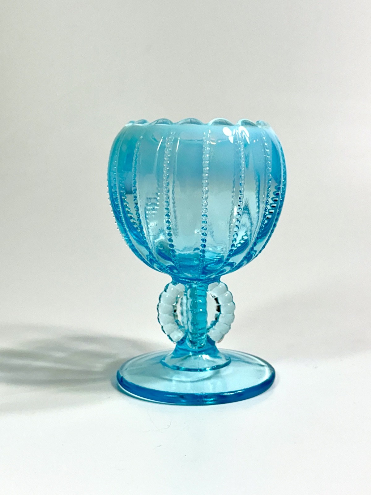 Vintage Northwood Beaded Panel Opalescent Blue Glass Pedestal Rose Bowl
