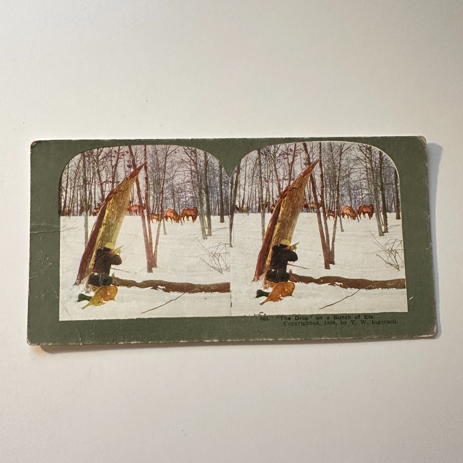 The Drop On A Bunch Of Elk Western Hunting Scenes Antique Stereoview Card 5H6-2