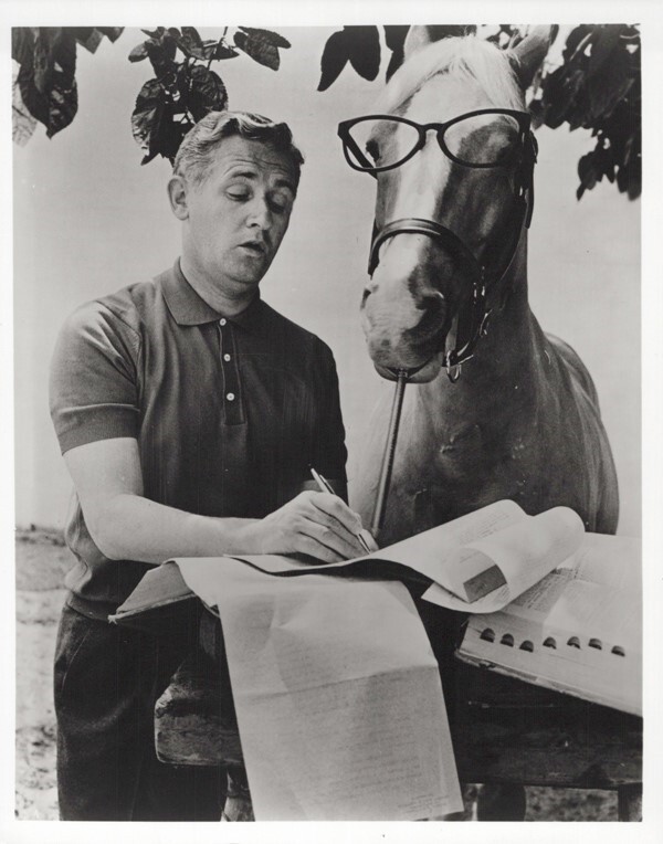 Mr Ed TV series Alan Young & Ed look at & sign contract vintage 8x10 inch photo Mr Ed TV series Alan Young & Ed look at & sign contract vintage 8x10 inch photo