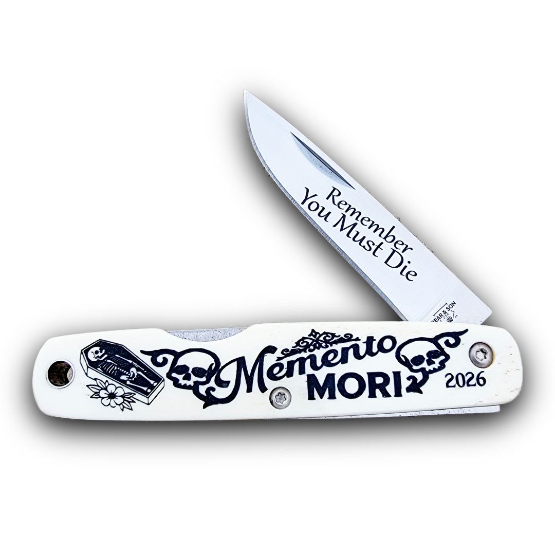BEAR & SON CUTLERY USA HALLOWEEN 2026 MEMENTO MORI BONE PEN KNIFE LIMITED