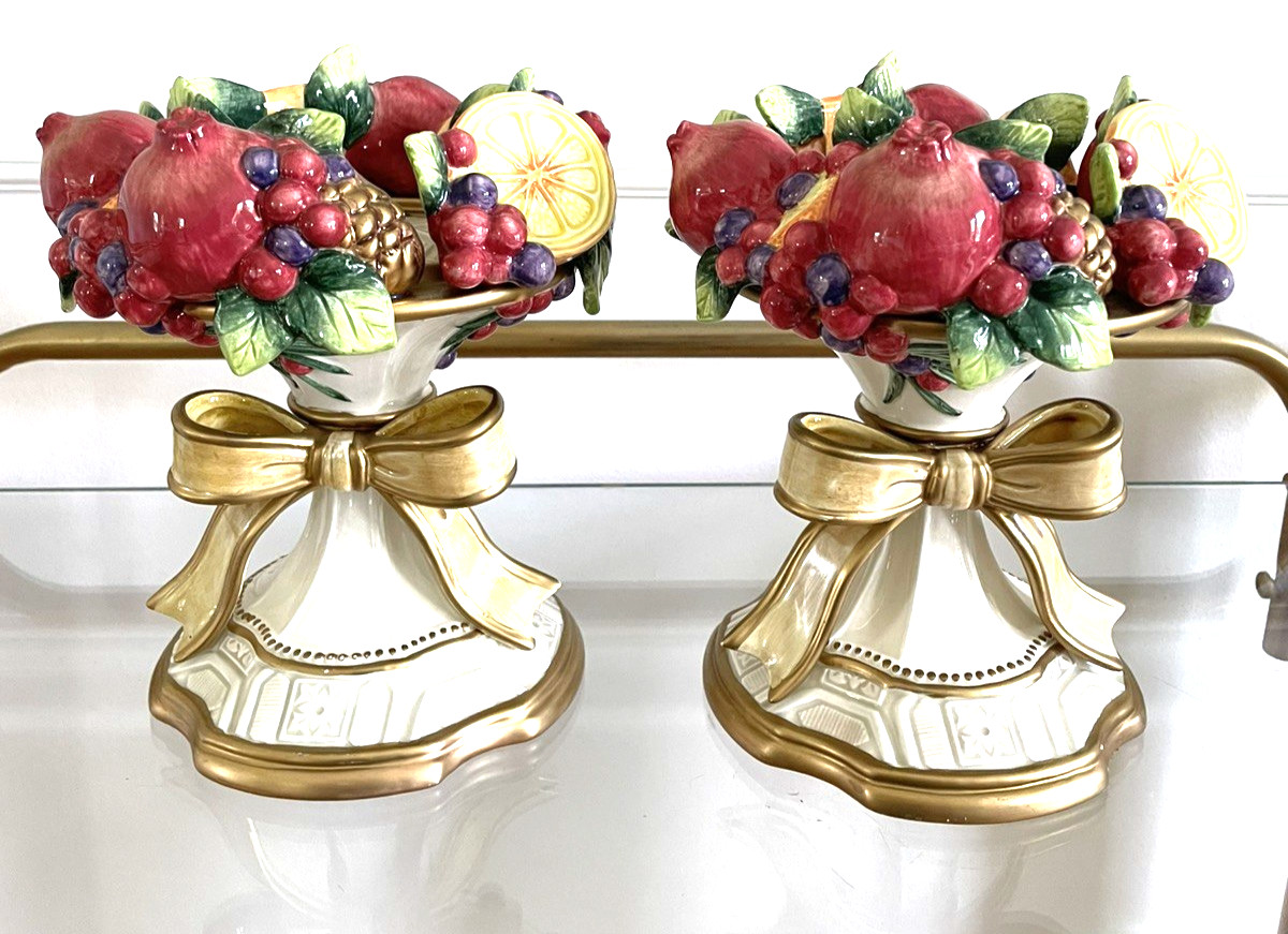Pair of Fitz and Floyd Classics Winter Spice Pillar Candle Holder Fruit Bow 7 in