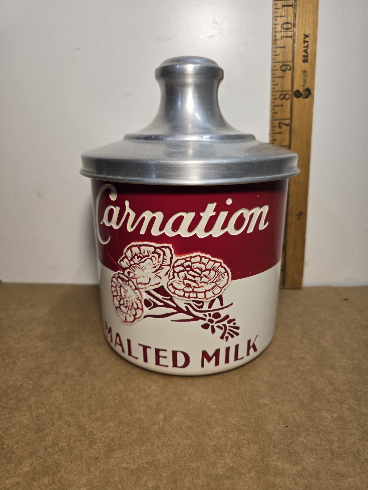 Vintage Carnation Malted Milk Counter Canister w/ Lid 1930-40's Nice Shape