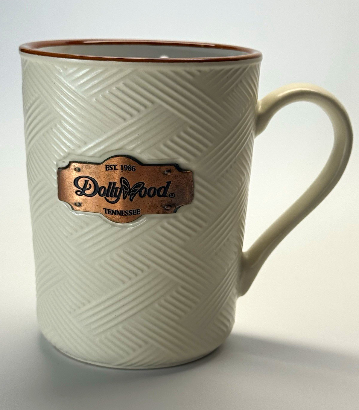 Dollywood Tennessee Ceramic Coffee Mug Copper Metal Plaque Textured Dolly Parton