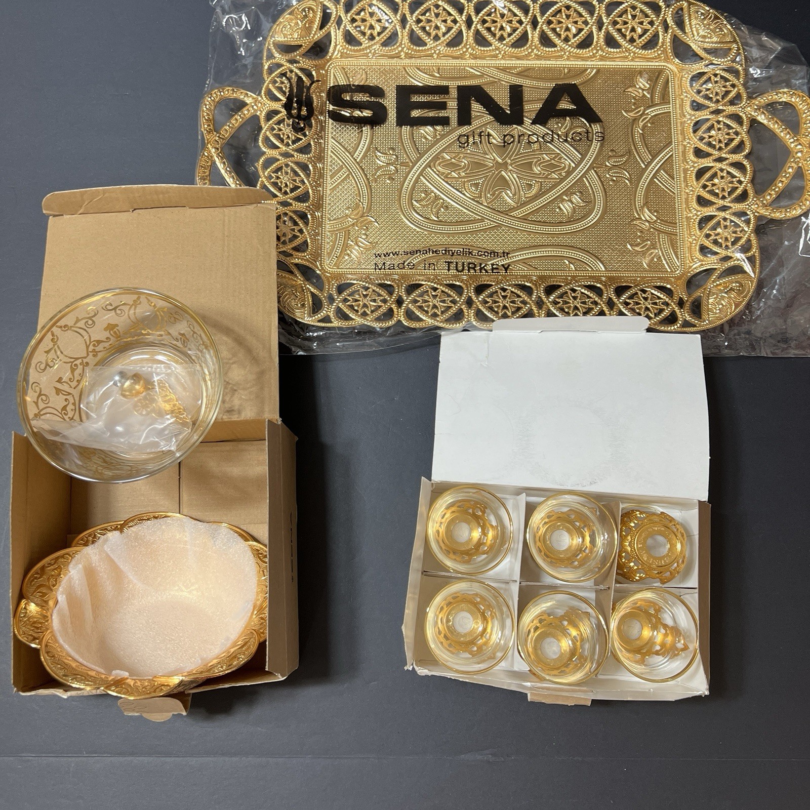 Sena Turkish Coffee Tea Glasses Saucers Tray Bowls Set