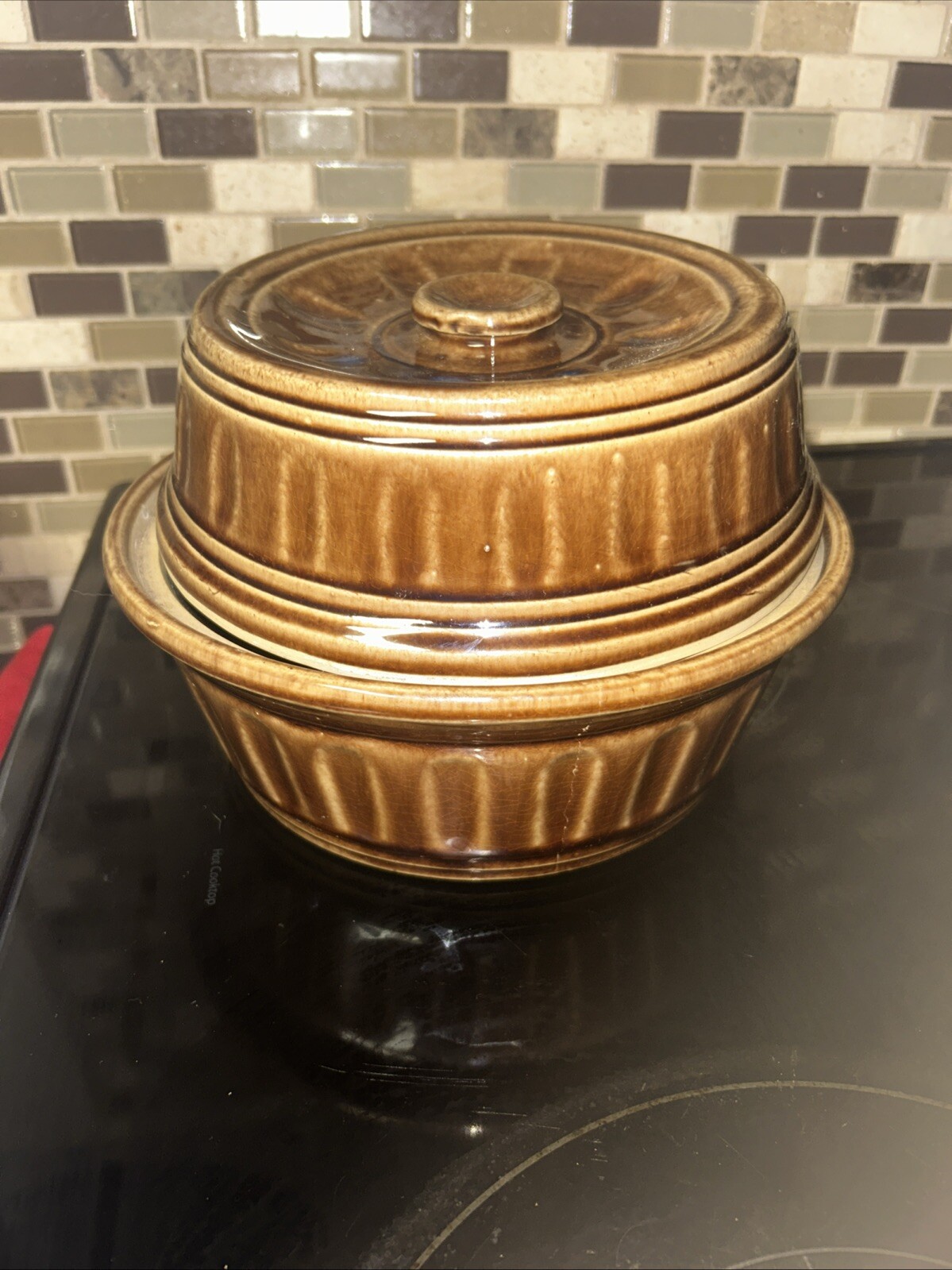 Vintage UAS Brown Glazed Stoneware Pottery USA Covered Baking Dish Casserole Lid