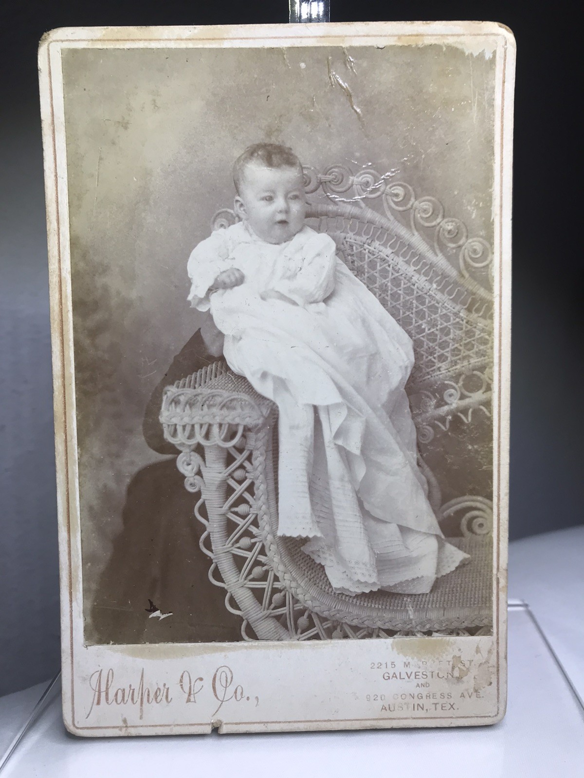 Antique Photograph Hidden Mother Baby Child ~ Wicker Chair ~ Harper Co Galveston