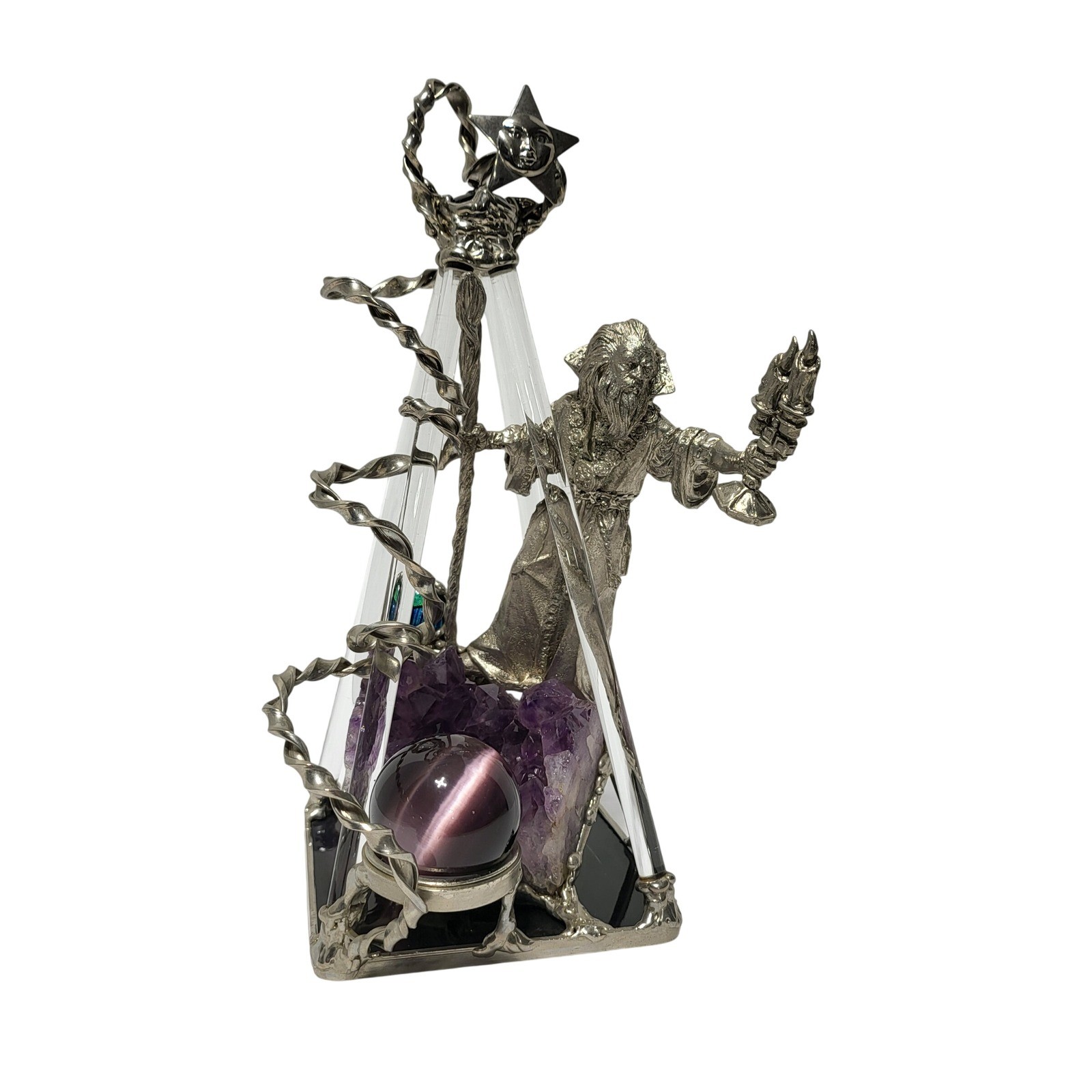 Vintage Pewter Wizard Figurine Glass Pyramid Amethyst Crystal Ball Fantasy Art