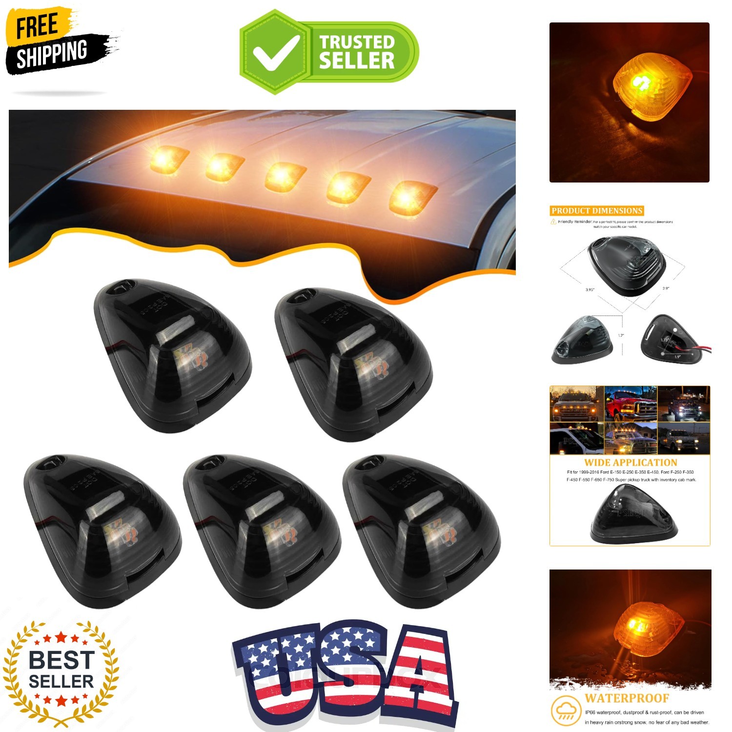 Car Roof Marker Lights 10 LED Smoked Amber Top Clearance Running Lights for F...