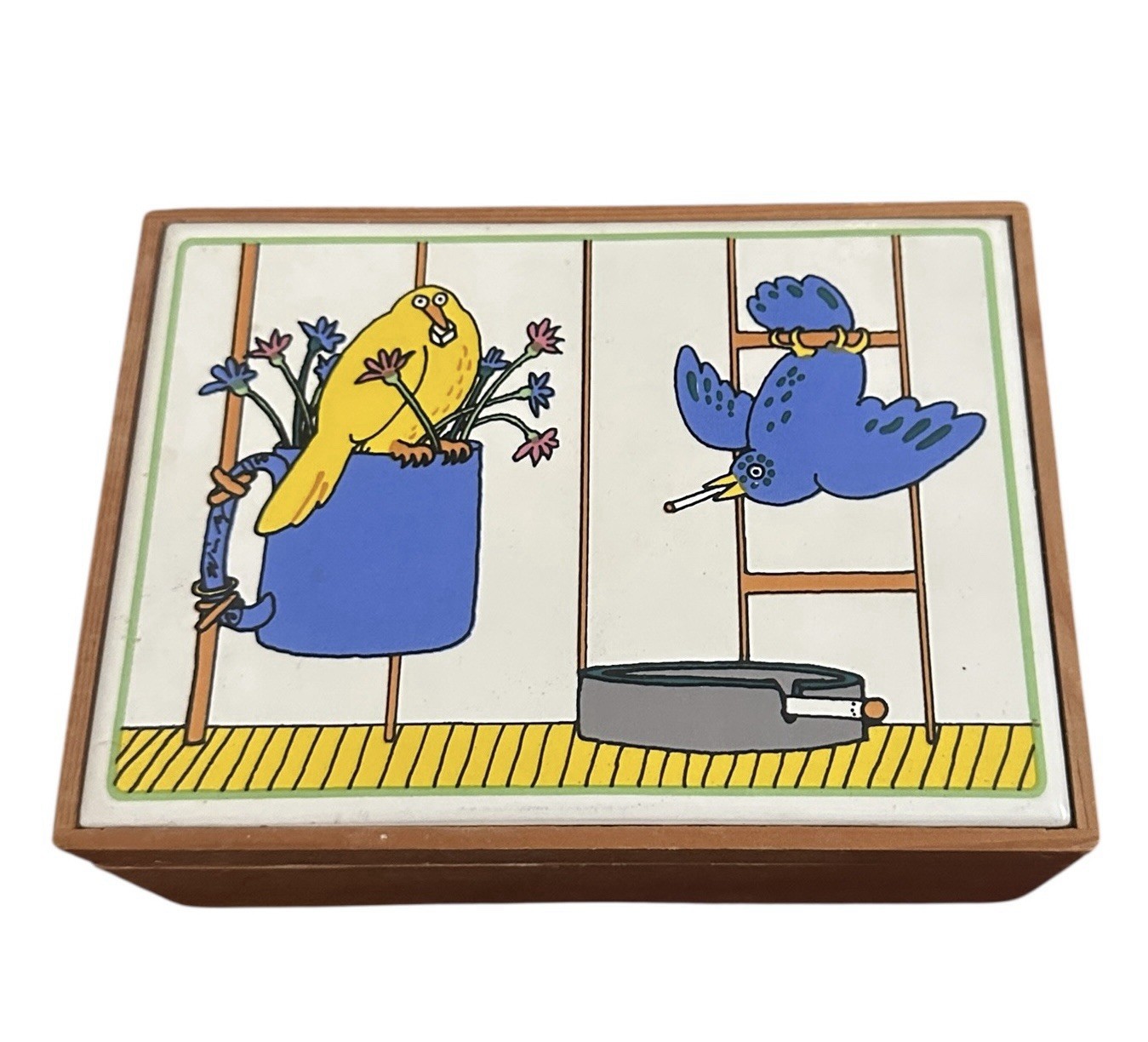 Vtg Taylor And NG Wooden Recipe Storage Box Wooden Smoking Birds Ceramic Tile