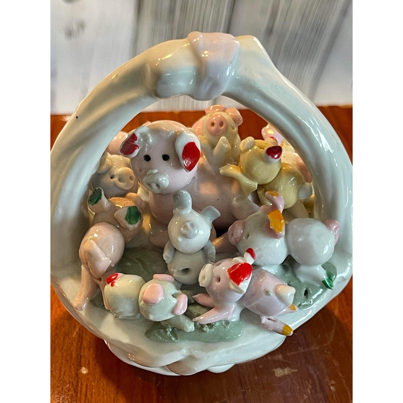 Pigs In A Basket Vintage Porcelain Miniature Mama Pig with Piglets figurine